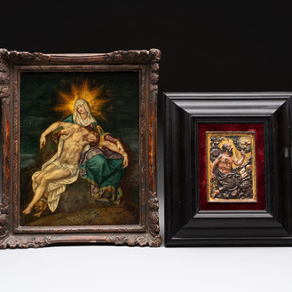 European school: 'Pieta', oil on copper, and a polychromed bronze relief of St. Marc, 16/17th C.