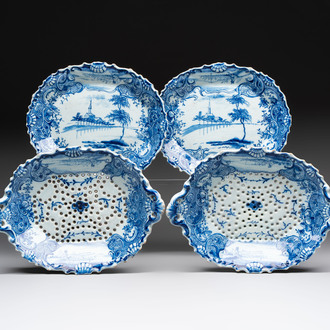 Two blue and white Dutch Delft strawberry strainers on stands, 18th C.