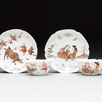 Two Chinese gilt-decorated export cups and saucers, Qianlong