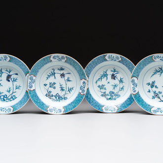 Four Chinese doucai plates with birds among bamboo and floral design, 18th C.