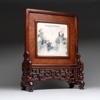 A Chinese 'dream stone' and hongmu table screen, 19/20th C.