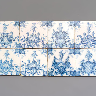 Eight blue and white Dutch Delft 'cartouche' tiles, Aalmis, Rotterdam, 18th C.