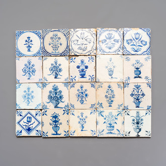 20 blue and white Dutch Delft tiles with floral design, 17th C.