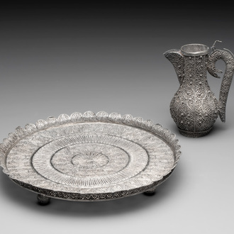 An Indo-Persian silver filigree tray and ewer, 19th C.