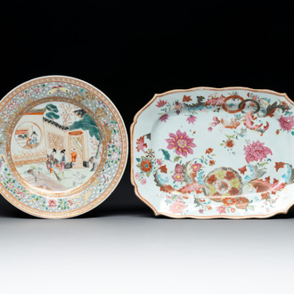 A Chinese famille rose plate with figures in a garden and a 'pseudo-tobacco leaf' dish, Qianlong and later