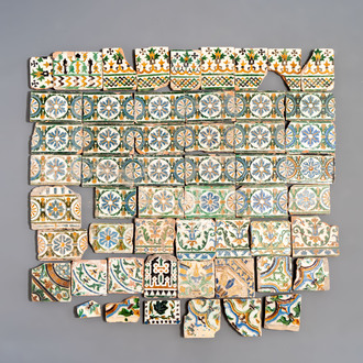 54 various polychrome Spanish tiles and fragments, mainly Toledo, Spain, 15/16th C.