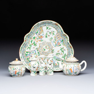 A Chinese Canton famille verte three-piece tea service and three vases, 19th C.