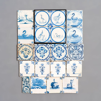 20 blue and white Dutch Delft tiles, 17/19th C.