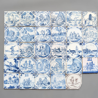 29 manganese, blue and white English Delftware tiles, Liverpool or Bristol, 18th C.