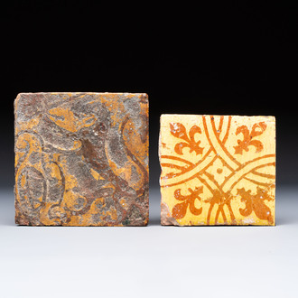 Two medieval slip-decorated tiles, Flanders, 15/16th C.