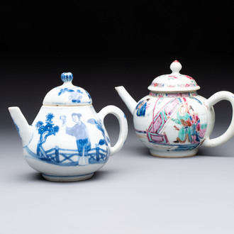A Chinese famille rose 'Feng Yi Ting 鳳儀亭' teapot and a blue and white teapot with figural design, Yongzheng