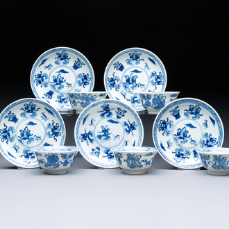 Five Chinese blue and white cups and saucers, Kangxi mark, 19th C.