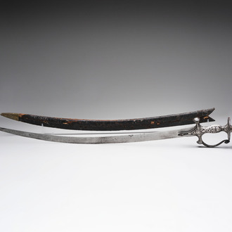 A fine Mughal silver-damascened tulwar with scabbard, India, 19th C.