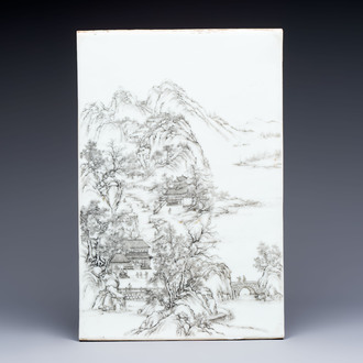 A Chinese grisaille 'mountainous landscape' plaque, 19th C.