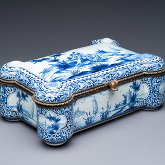 A blue and white Dutch Delft bronze-mounted casket, 19th C.