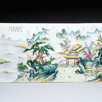 A massive Chinese famille rose 'mountainous landscape' plaque, 20th C.