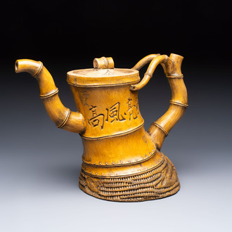 A massive Chinese Yixing stoneware 'bamboo' teapot, signed Wei Guojun 魏國軍, 20th C.
