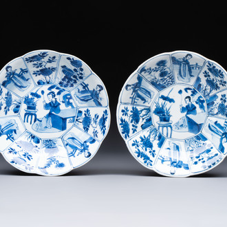 A pair of Chinese blue and white flower-shaped 'Long Eliza' plates, jade mark, Kangxi