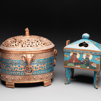 A Chinese archaistic enamelled copper 'elephant' censer with cover and a cloisonné 'Luohan' censer with cover, 20th C.