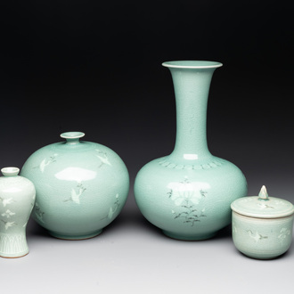 Three Korean celadon-glazed vases and a covered bowl, 20th C.