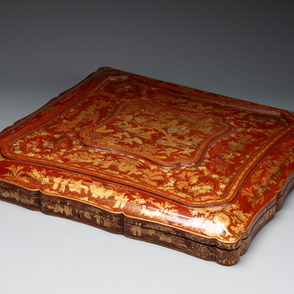 A large Chinese Canton gilt-lacquered presentation box with narrative design, 19th C.