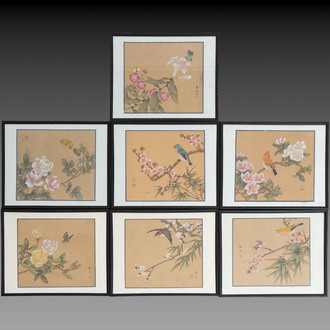 Seven Chinese school paintings: 'Flowers with birds and butterflies', ink and colour on silk, various signatures, 20th C.