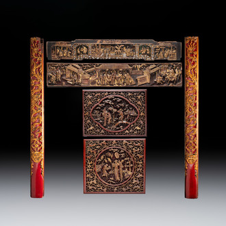 Six Chinese gilt-lacquered carved wooden panels with narrative design, 19th C.