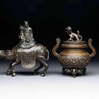A Chinese 'Laozi riding a buffalo' censer with cover and a ding-form censer with cover, Ming/Qing
