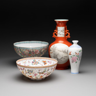 A Chinese grisaille coral red-ground vase, a famille rose eggshell vase and two bowls, Qianlong mark, 20th C.