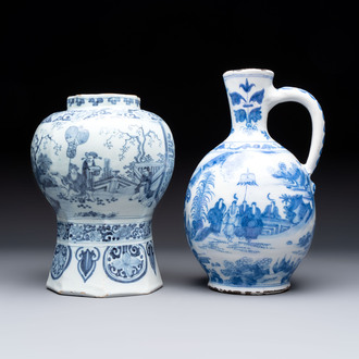 A blue and white Dutch Delft Transitional style chinoiserie vase and a jug, late 17th C.