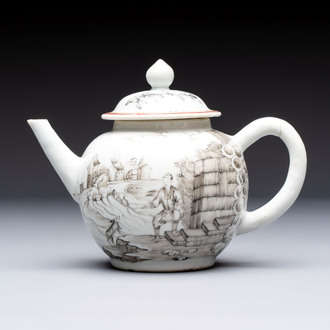 A Chinese grisaille teapot and cover with figural design, Qianlong