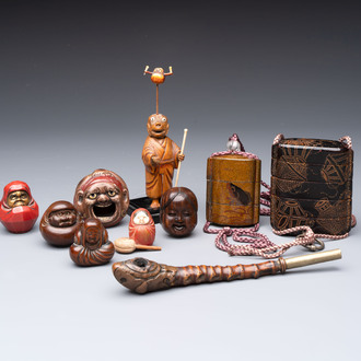 Two Japanese lacquer inro, a pipe and seven netsuke, some signed, Edo/Meiji, 18/19th C.