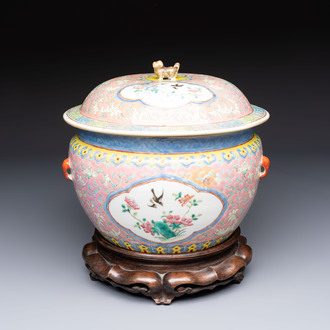 A Chinese famille rose pink-ground 'kamcheng' bowl and cover for the Straits or Peranakan market, on a wooden stand, 19th C.
