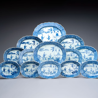 13 Chinese blue and white 'Xi Xiang Ji' serving dishes, Qianlong