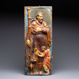 A polychromed carved wooden high relief depicting Saint Roch, probably Spain, 17th C.