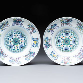 A pair of Chinese doucai 'anbaxian 暗八仙' plates, Xianfeng mark and of the period