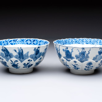 Two Chinese blue and white 'immortals' bowls, Chenghua and Kangxi mark, Kangxi
