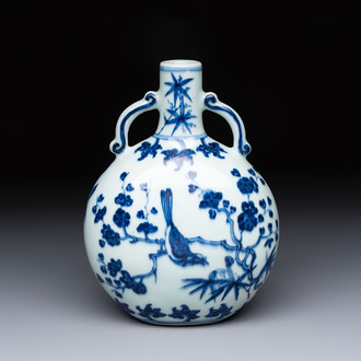 A rare Chinese blue and white 'magpie among flowering branches' moonflask, Yongzheng/Qianlong