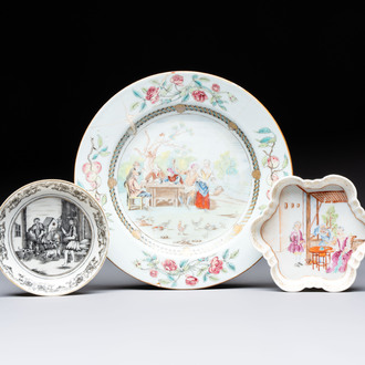 A Chinese famille rose 'card-players' plate, a pattipan and a grisaille saucer, Qianlong