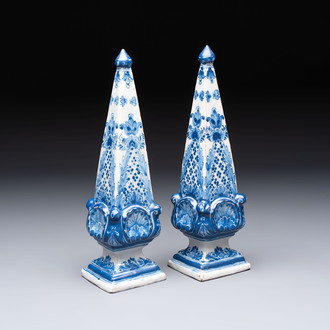 A pair of blue and white Delftware obelisks, probably France, 18th C.
