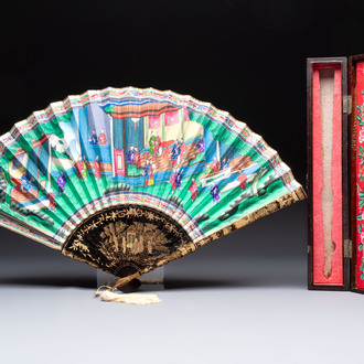 A Chinese Canton gilt-lacquered and painted paper fan with its original box, 19th C.