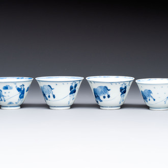 Four Chinese blue and white 'boy and buffalo' cups, Qi Yue Ru Yu 奇玥如玉 and Kun Chi Yu Shi 崑池玉石 marks, Yongzheng