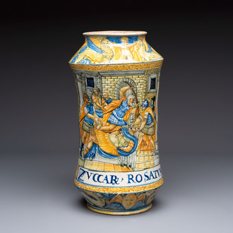 A rare massive Italian maiolica albarello with the arms of Boerio, Angelo and Ludovico Picchi workshop, Casteldurante, ca. 1562-1563