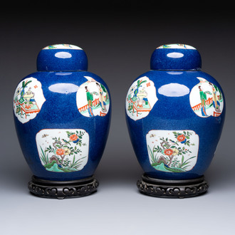 A pair of famille verte-style powder-blue-ground covered vases on stands, Samson, Paris, 19th C.