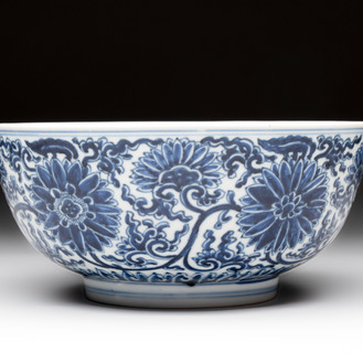 A Chinese blue and white 'lotus scroll' bowl, Xuande mark, Kangxi