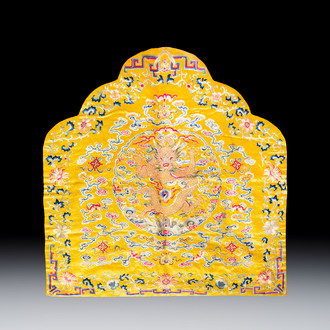 An imperial Chinese embroidered silk gold-thread yellow-ground cushion cover, Qianlong/Jiaqing