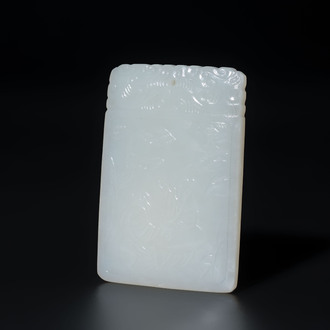 A Chinese white jade 'two sages beneath a pine tree' plaque, Zigang 子岡 mark, Qianlong