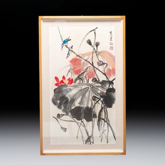 In the manner of Qi Baishi (1864-1957): 'Kingfishers Among Lotus', ink and colour on paper, signed