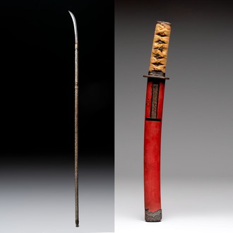 A Japanese 'raden' naginata and a wakizashi 脇差 sword with a red-lacquered saya, Edo, 17/19th C.