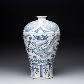 A Chinese blue and white Yuan-style 'dragon' 'meiping' vase, 20th C.